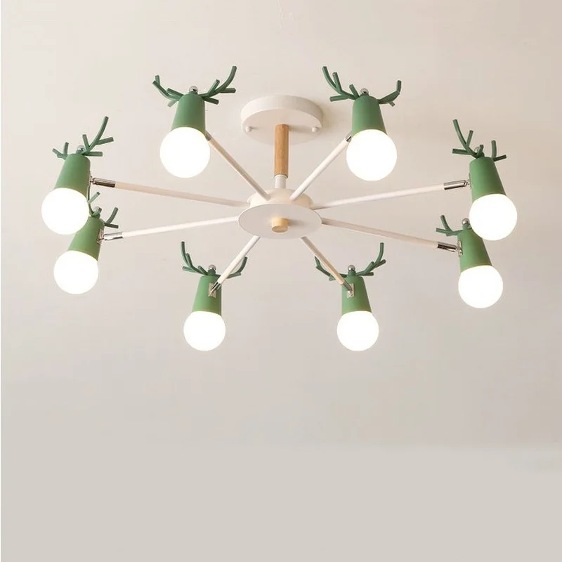 lustre macaron antler estilo nordico lustre com lampada de led simples moderno para quarto sala de jantar ferro e madeira cabeca de cervo e27 01