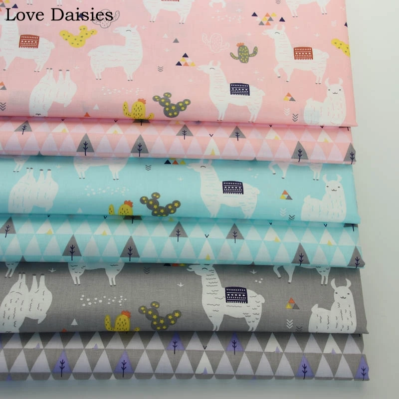 100% Cotton Twill GRAY PINK AQUA Cartoon White Alpaca Yellow Cactus Trees Tri angle Fabrics for DIY Bedding Sheet Handwork Decor