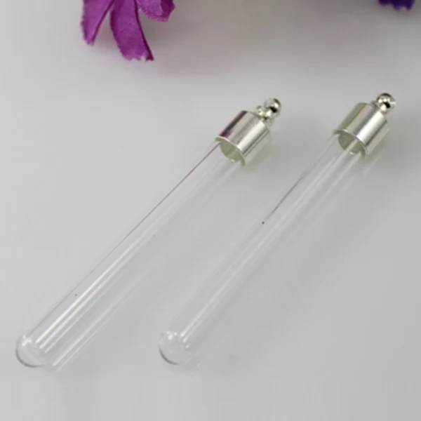 5CM Long Glass Tube With Silver-plated screw caps Rice Pendant Vial glass vial pendant Necklace Pendant