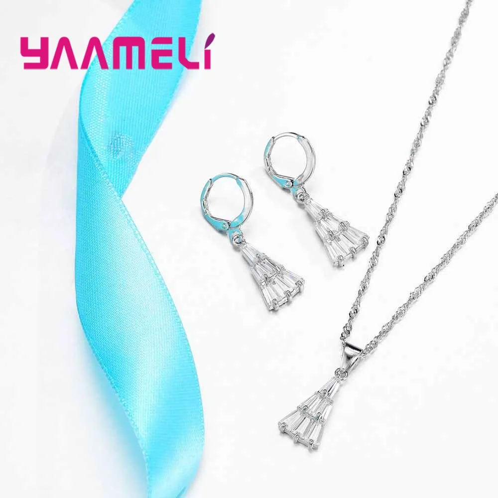 Women 925 Sterling Silver Bridal Wedding Jewelry Sets Elegant Statement Crystal Necklaces Earring Set For Party Gifts