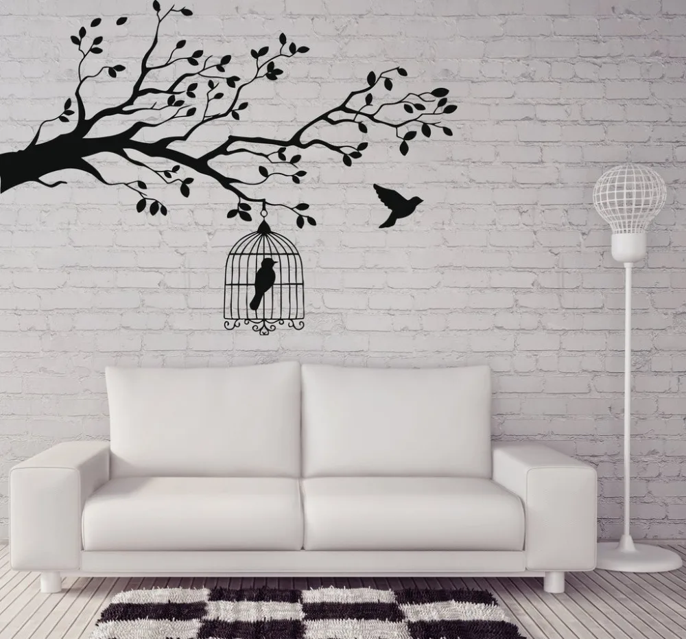 Caged Bird Tree Branch Wall Stickers Vinyl Wall Decal Animals and Birds Wall Stickers Let Bird Free Decor Bedrooms Mural SA212