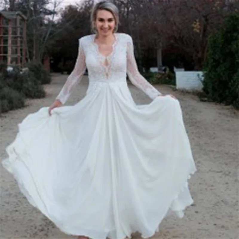 Sexy vestido de casamento boho longo sem costas branco praia vestido de casamento apliques rendas v pescoço princesa vestido de noiva frete grátis