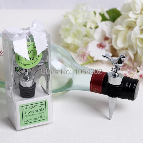 100pcs Love Birds Chrome Wine Bottle Stoppers Wedding Favors In Stock With Gift boxes Free Shipping