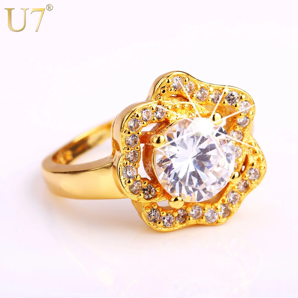 

U7 AAA Cubic Zirconia Rings For Women Engagement Wholesale Gold Color Rose Flower Ring Wedding Bands QC24