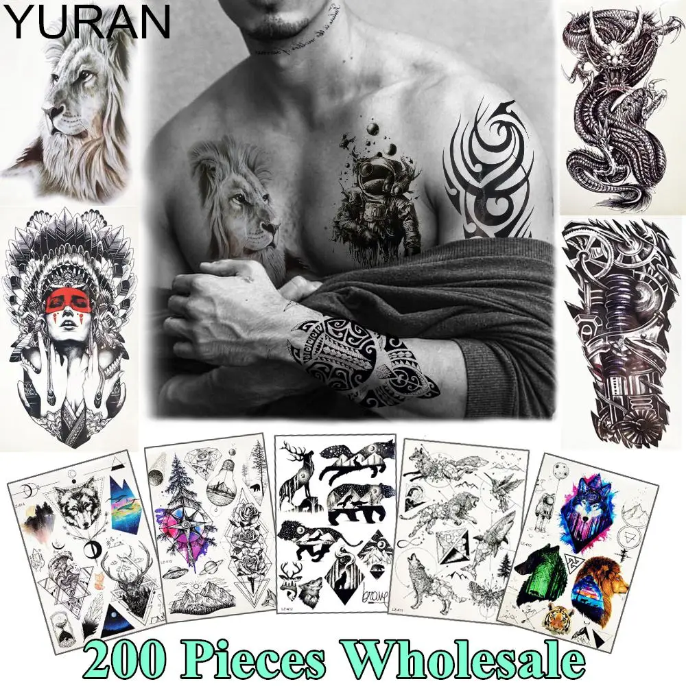 YURAN 200 pieces Wholesale Galaxy Tattoo Temporary Body Art Tatoo Tribal Lion Tiger Sticker For Men Women Fake Arm Chest Tattoos