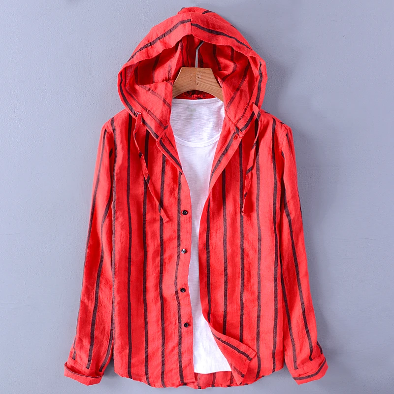 

New arrival stripe long sleeve linen shirts men brand casual red shirt mens comfortable hooded shirt for men camisa camiseta