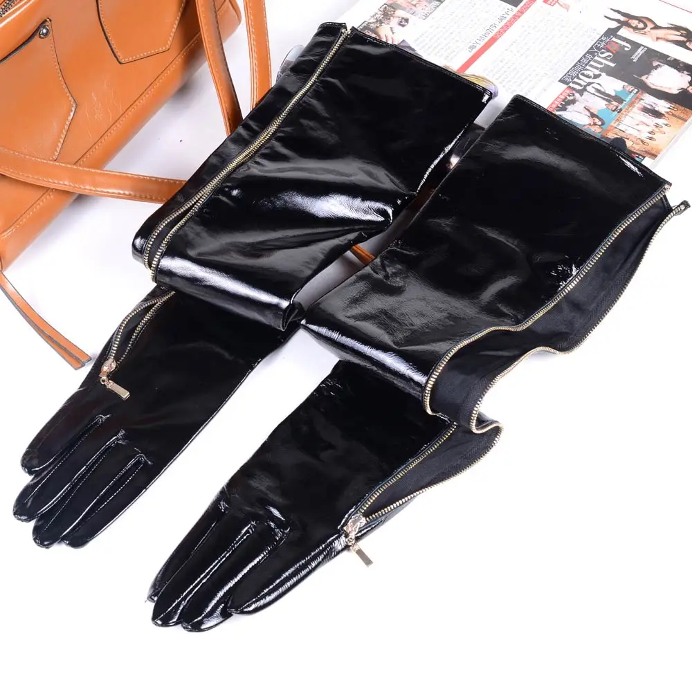 40 50 60 70 80cm Women\'s Ladies Genuine leather Shiny Black Patent Leather Zipper Party Evening Overlength Opera/long gloves