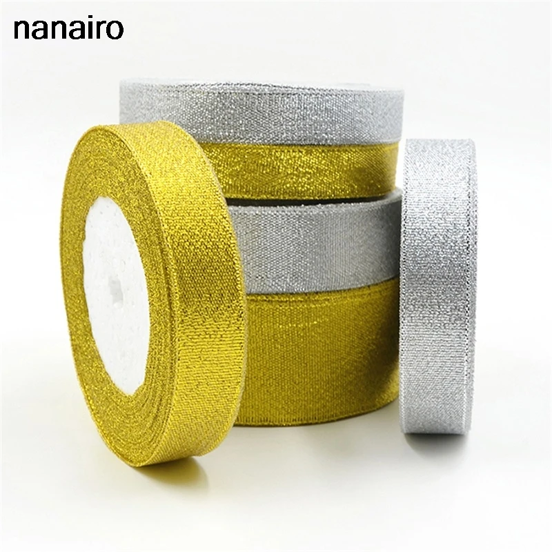 25Yards 6mm-25mm Golden Silver Glitter Ribbon Onions Double Face Ribbons Riband For Wedding Hand Cake Gift Decoration DIY Craft