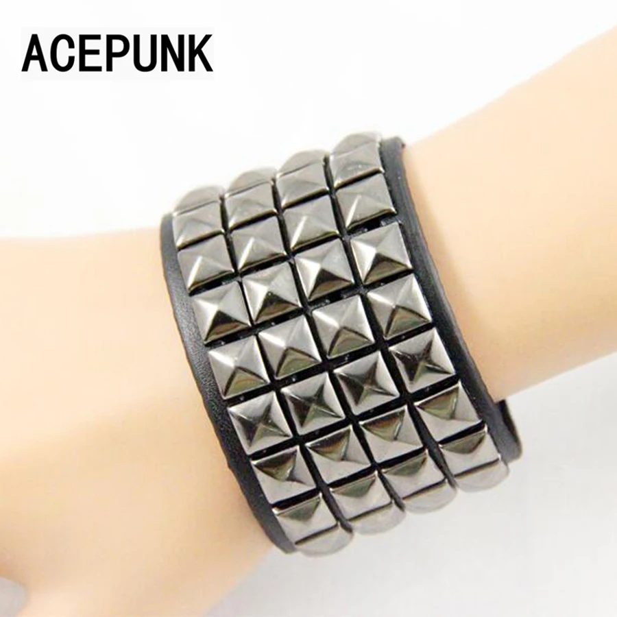 Rivet Wide Bracelet Punk Leather Wristlet Rock 4 Rows Of 9MM Square Nails Wristband Two Buckle Adjustable