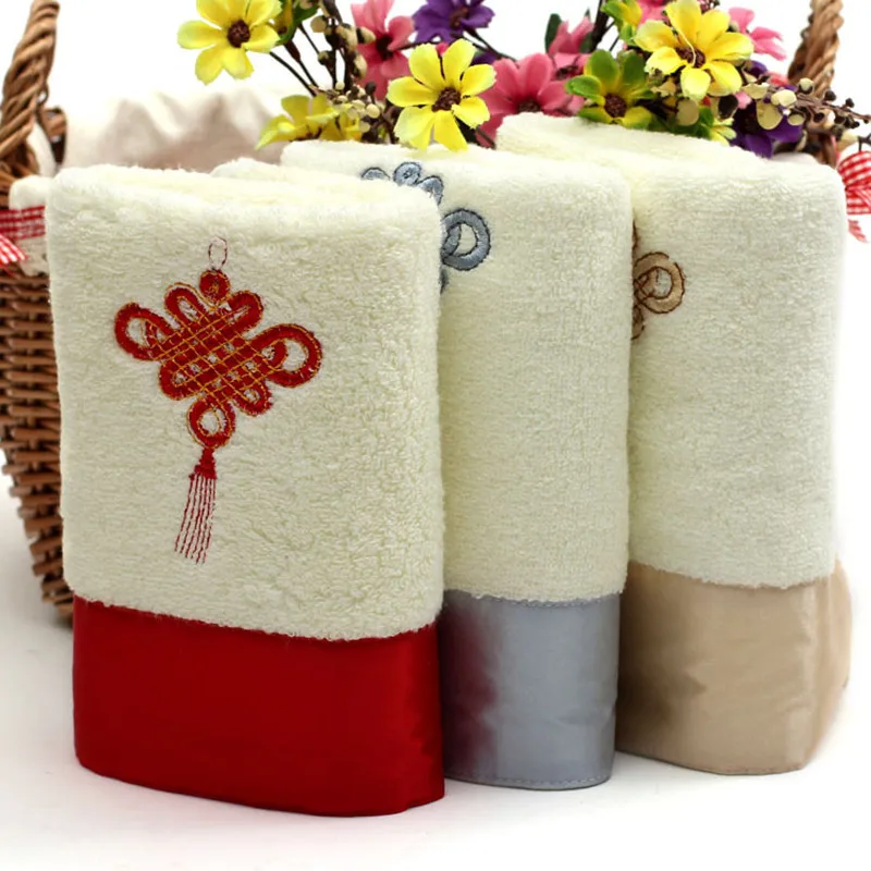 Chinese Knot Embroidered Cotton Towel Bath Face Towel Unisex Strong Absorption Cotton Hand Towel