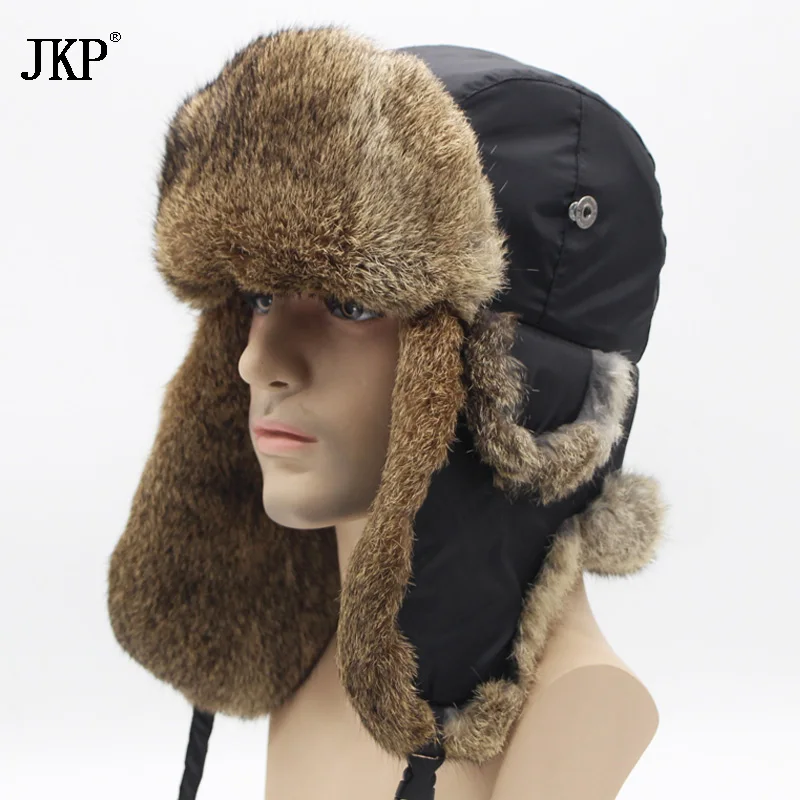 

Winter fashion Bomber Trapper Hats Thick Winter Warm Rabbit Fur Hat Rex Thick Warm Snow Caps Ear Flap Caps Russian For Men