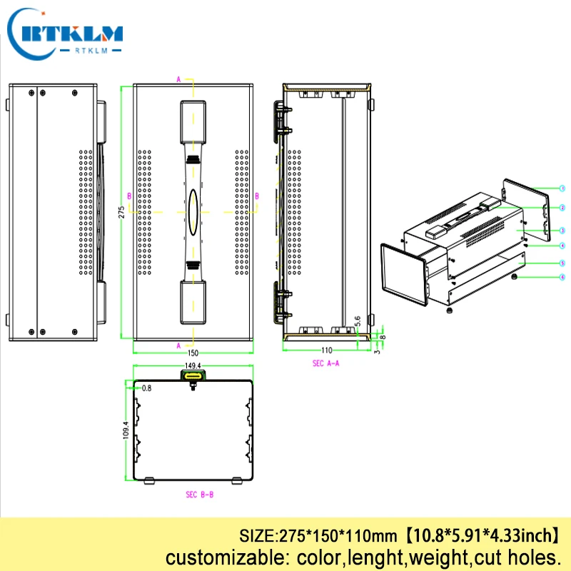 Iron electronics project box diy cabinet junction box Handheld metal desktop enclosure electrical panel box 275*150*110mm