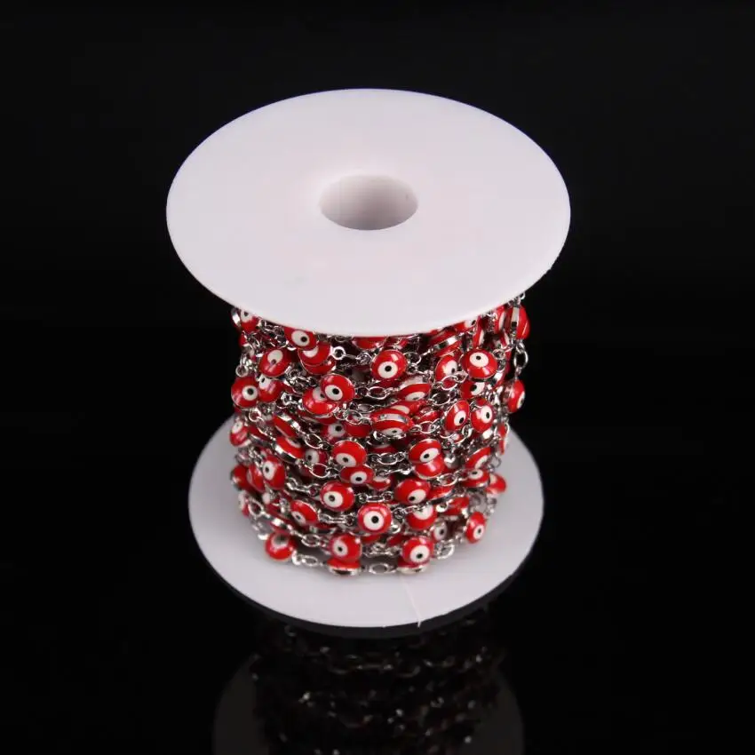 6 mét Mắt Đỏ Lampwork Beaded Mạ Bạc Chuỗi Mân Côi, Thủy Tinh Phẳng Đồng Xu Hạt Chuỗi Phong Cách, vòng đeo tay Bông Tai Vòng Cổ Thủ Công Mỹ Nghệ