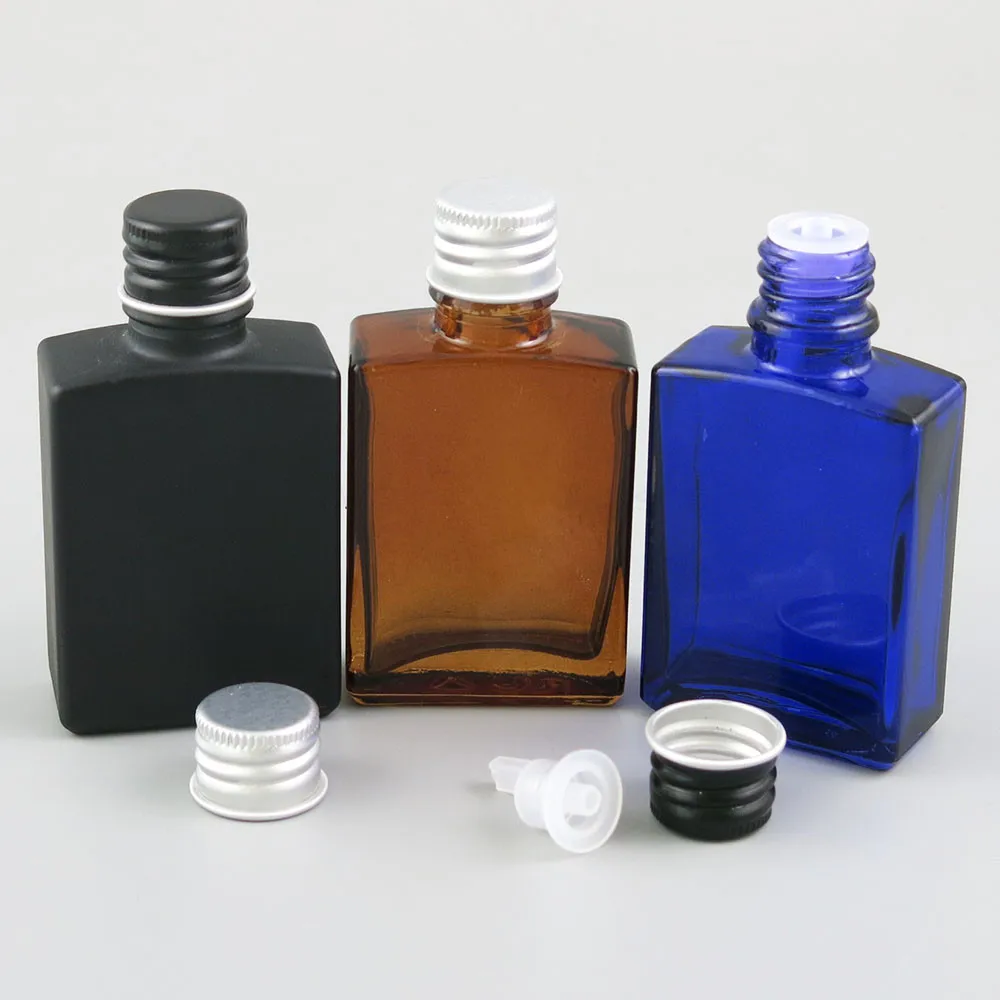 12 x 30ml 1oz Square Flat Black white clear red blue green Glass Bottle With Silver Black Aluminium lids and Seal