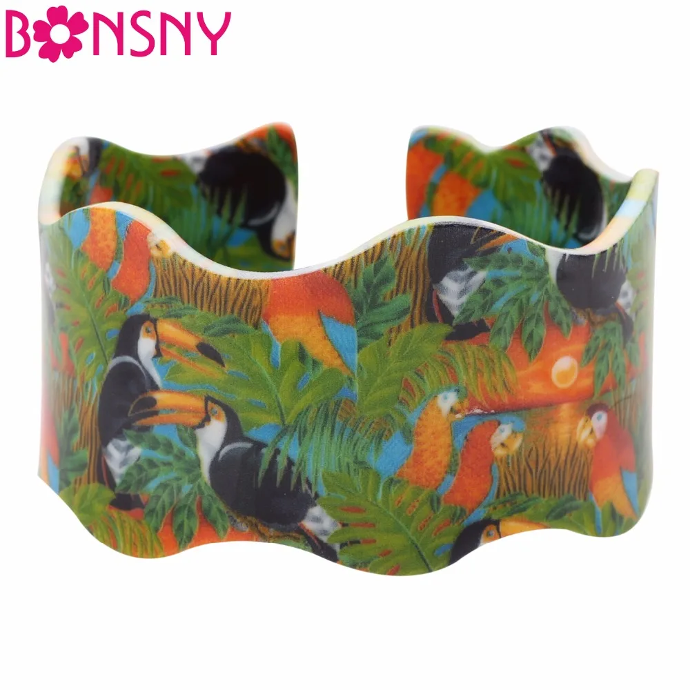 Bonsny Acrylic Parrot Pattern Wide Bird Cute Bracelets Bangles For Women 2017 News Jungle Animal Jewelry Gift Bijoux Accessories