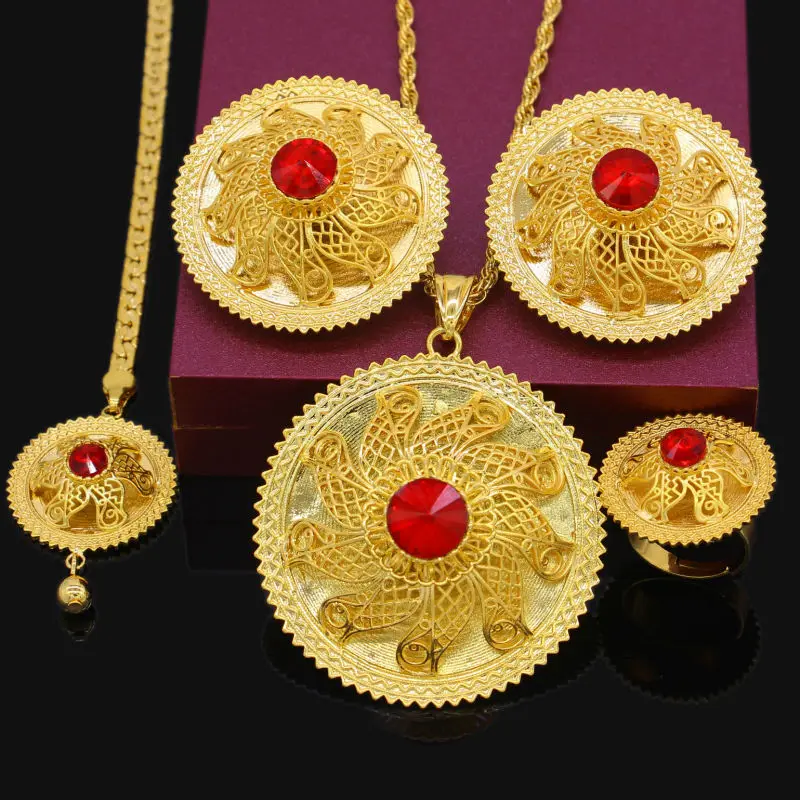 Adixyn Ethiopian Jewelry set 24K Gold Color Crystal Necklace/Pendant/Hair Chain/Earring/Ring Middle Easter Habesha Wedding set