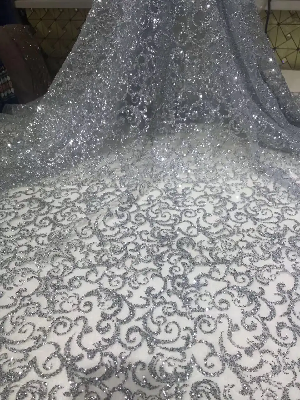 

5yards ZH-71533 shining glued print glitter in silver sparkle net tulle mesh lace for fashion dress