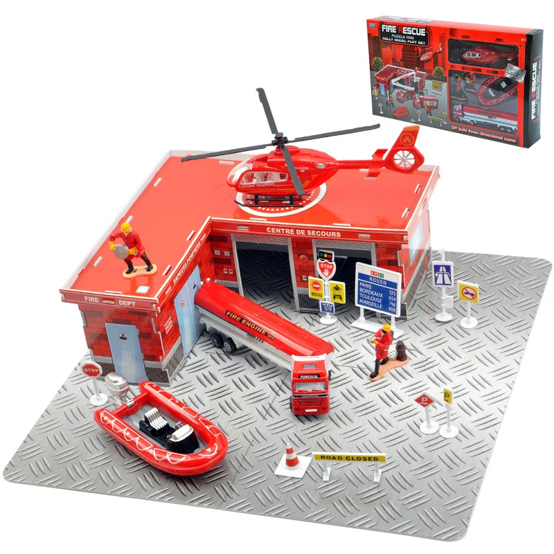 Firehouse Fire Center Model Blocks Boy Kids Toys Rescue Center Set Truck Car Boat Helicopter Blocks Vehicles Toys for Kids