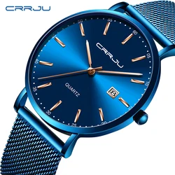 reloj hombre CRRJU Top Brand Luxury Blue Waterproof Watches Slim Stylish Date Casual Quartz Watch Men Sports Mesh Strap Clock