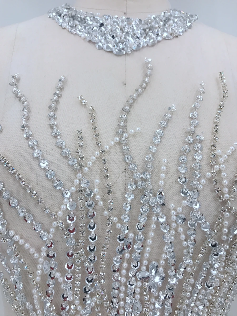 handmade silver sew on silver hinestones applique on mesh peal  crystals trim patches 30*44cm for wedding  dress  accessories