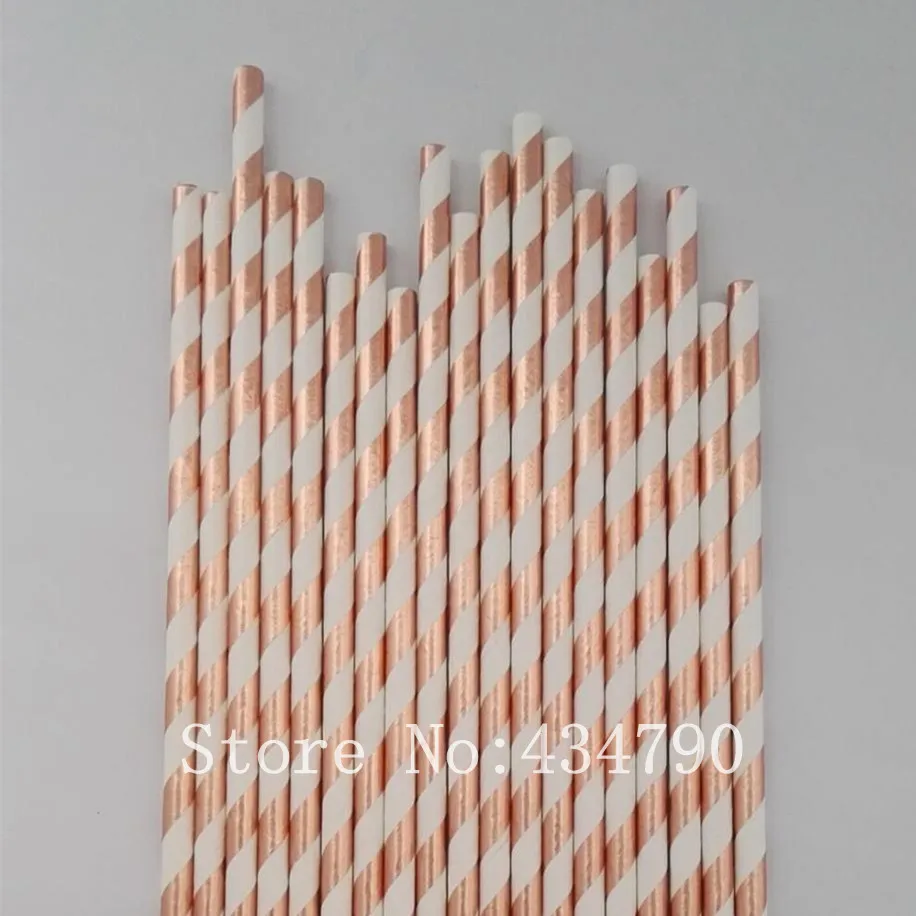 200 Pcs Metallic Rose Gold Foil Striped Paper Straws Bulk-Golden Stripe Drinking Paper Straws for Wedding,Holiday,Birthday Party