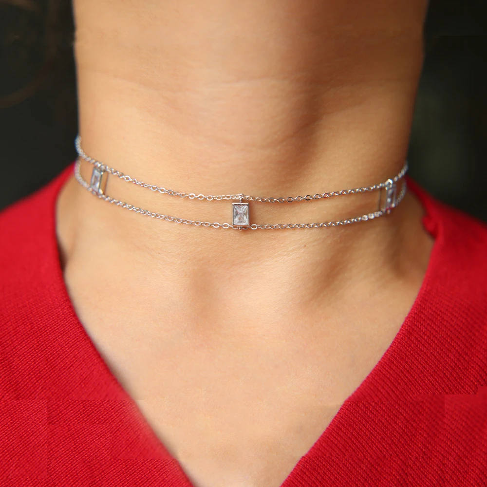 2021 new arrive AAA clear rectangle cubic zirconia short chain 33+7cm choker chocker cz double chain necklace