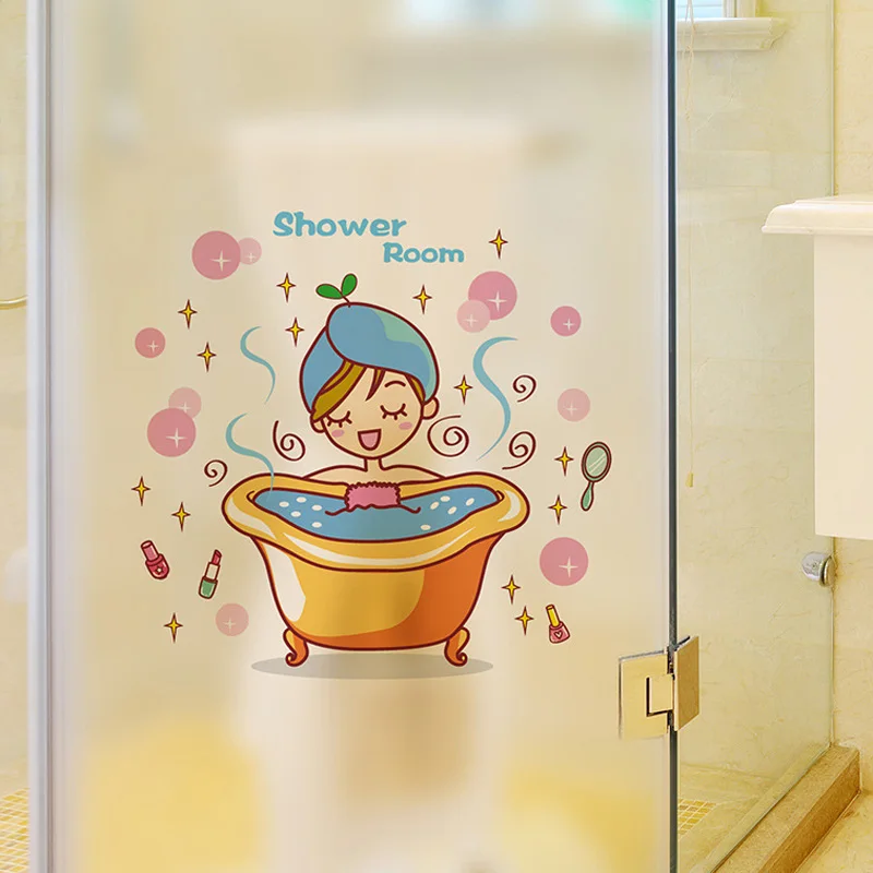 Lovely Girl In The Bath Glass Door Wall Sticker Shower Waterproof Bathroom Home Decoration Art Decals Stickers Window Wallpaper