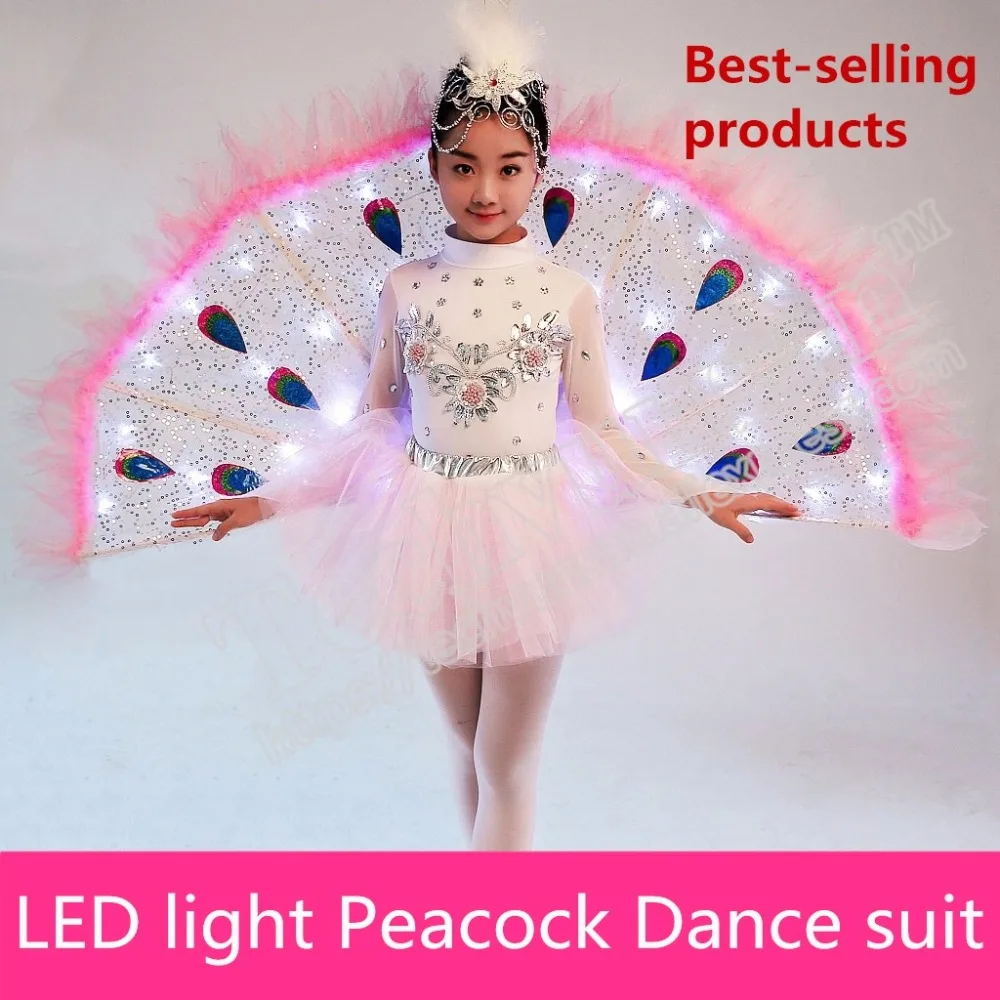 Glowing peacock dances Children's clothes Costume Chinese style Kindergarten perform Good quality clothing LED light Shine party