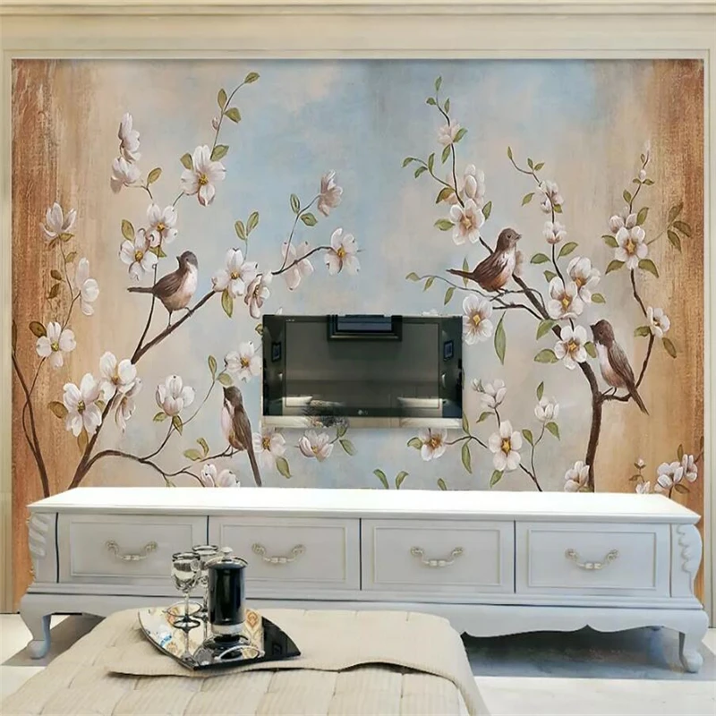 

Flowers and birds and peach blossom oil painting background wall painting decorative painting