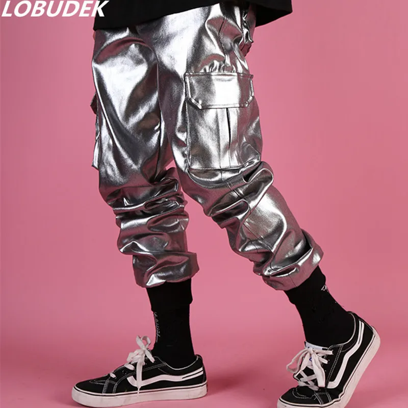 Imitation Leather Silver Cargo Pants Bar Stage Punk Rock Singer Hip Hop Dance Pocket Pants Male Loose Casual Trousers Costume