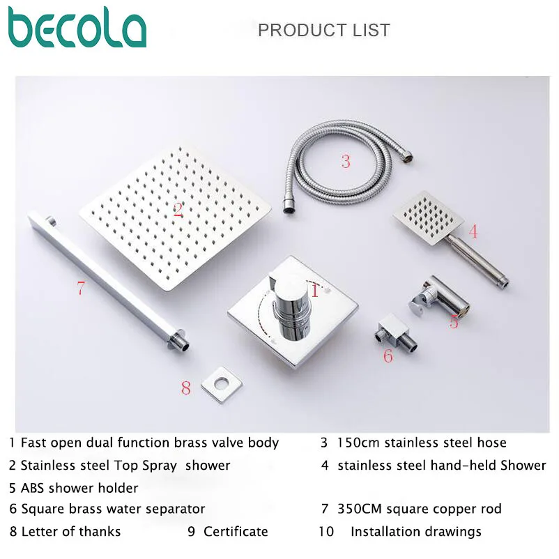 BECOLA Shower Faucets Chrome Silver Wall Mount Bathroom Faucet Set Rainfall Square Big Shower Head Handheld Valve Bath Mixer T