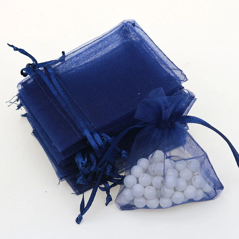 7x9cm 100pcs/lot Navy Blue Organza Jewelry Packaging Bags Small Drawstring Pouches Tulle Sack Customized Logo Printing Wholesale