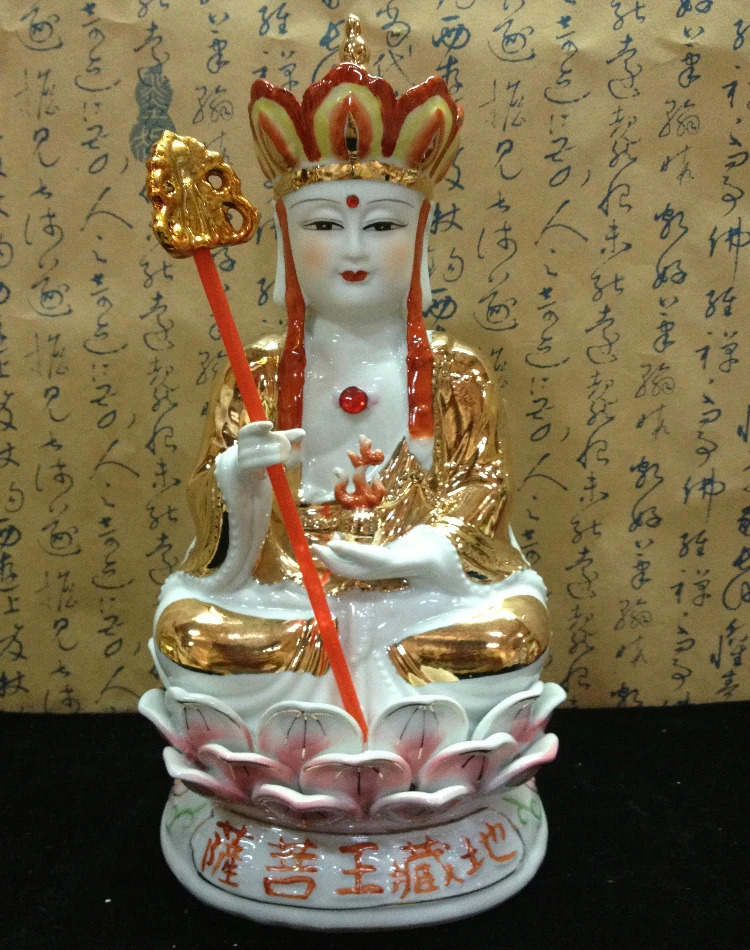 

Earth Store Bodhisattva, Ksitigarbha Bodhisattva, sitting on a lotus flower, ceramic buddha statue , Buddhist figure~