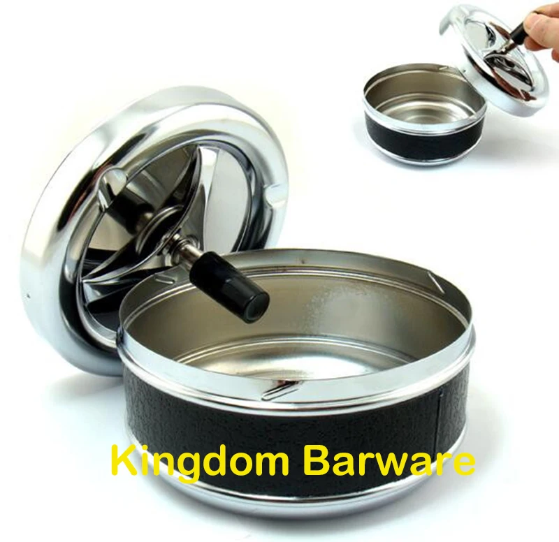 Round Push Down Ashtray Metal SpinningTray Easy to Clean Black Color Air Tight Bar Accessories