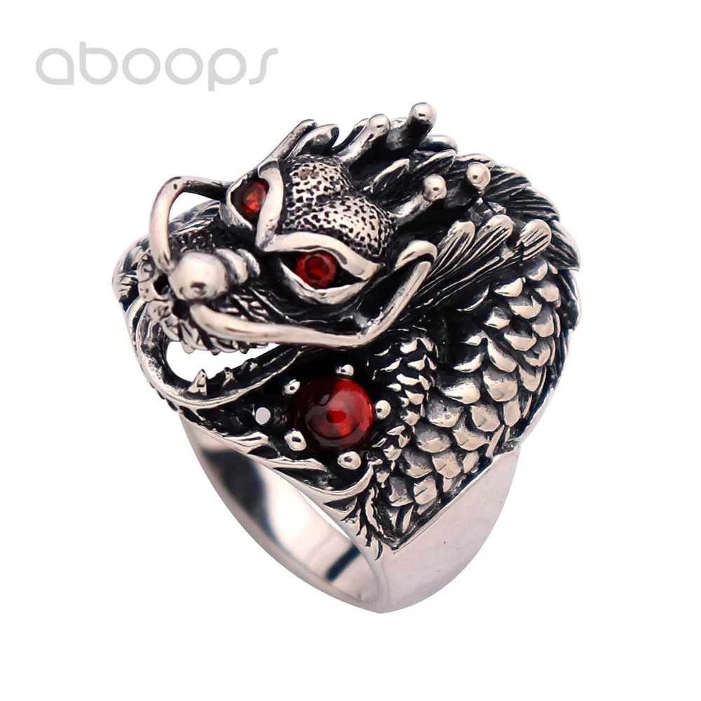 

Vintage Black 925 Sterling Silver Chinese Dragon Head Ring with Red Garnet Stones,Mens Jewelry,Size 8-12,Free Shipping