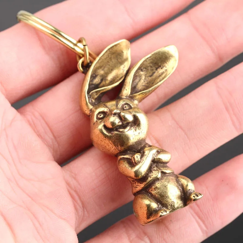 Copper Rabbit Small Keychain Pendants Solid Brass Rogue Rabbit  Key Chains Hanging Ornament Metal Antique Animal Key Ring Holder