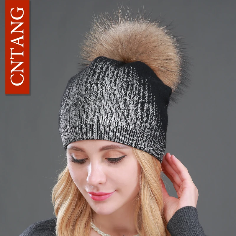 2024 New Winter Beanies Ladies Knitted Wool Warm Hats Fashion Pom Pom Real Raccoon Fur Caps Skullies Hat For Women Print Fur Cap