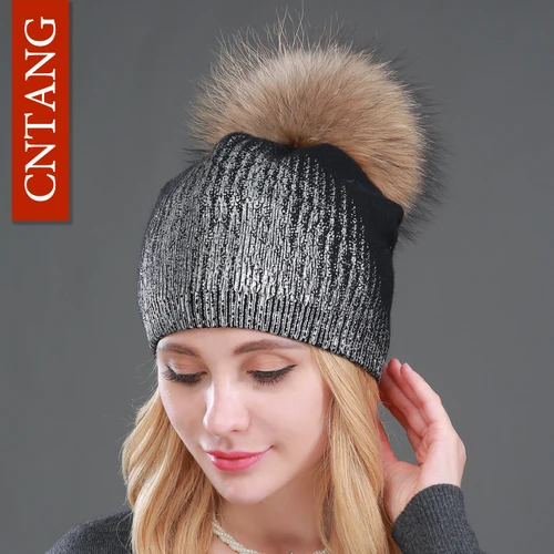Imagen 2 del producto Gorros de invierno para mujer, gorros cálidos de lana tejidos, gorros de piel de mapache auténtica a la moda, gorros con estampado de piel, novedad de 2024