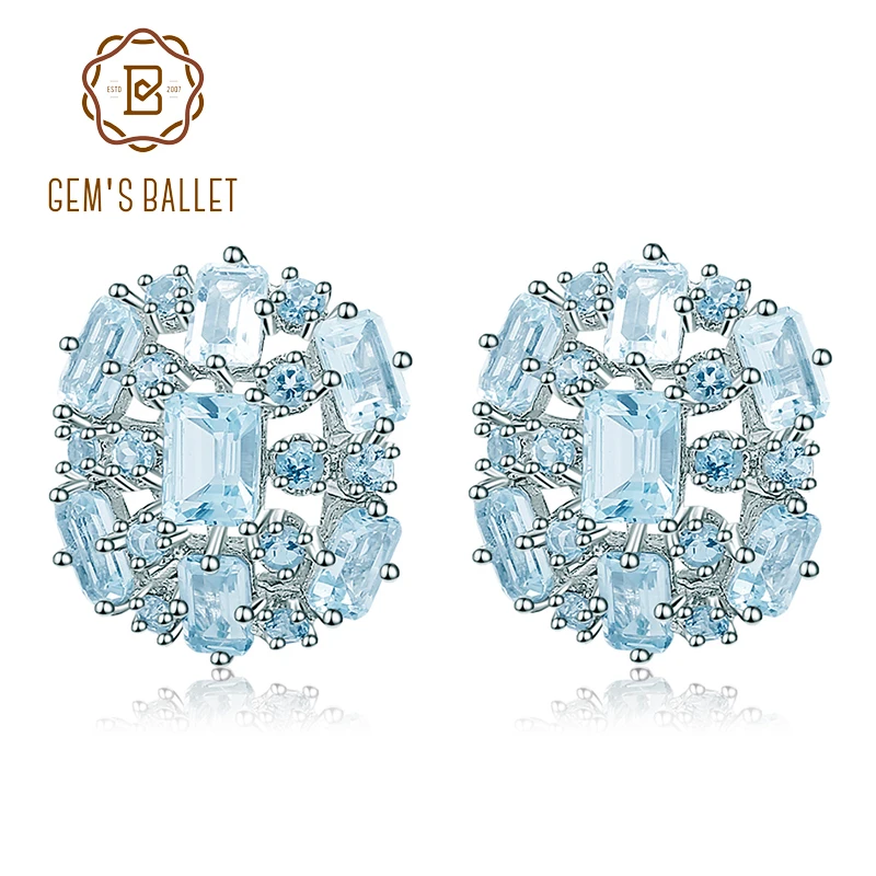 GEM'S BALLET Sky Blue Topaz Natural Clip Earrings Pure 925 Sterling Silver Gemstones Women's Earrings Wedding Fine Jewelry