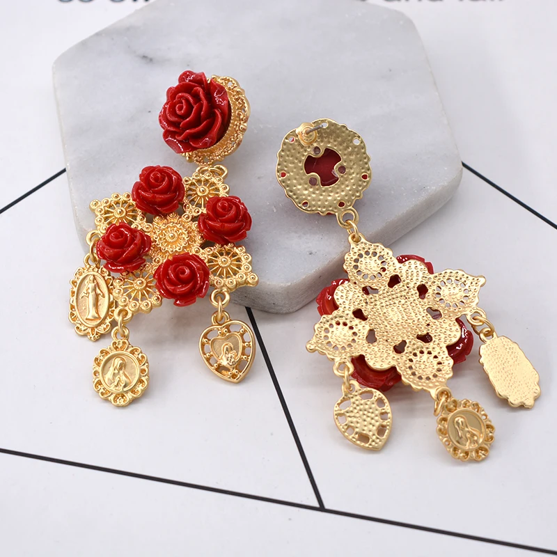 Baroque Metal Big Long Earrings For Women Long Earrings Vintage Rhinestone Flower Coin Drop Earring Fashion Jewelry