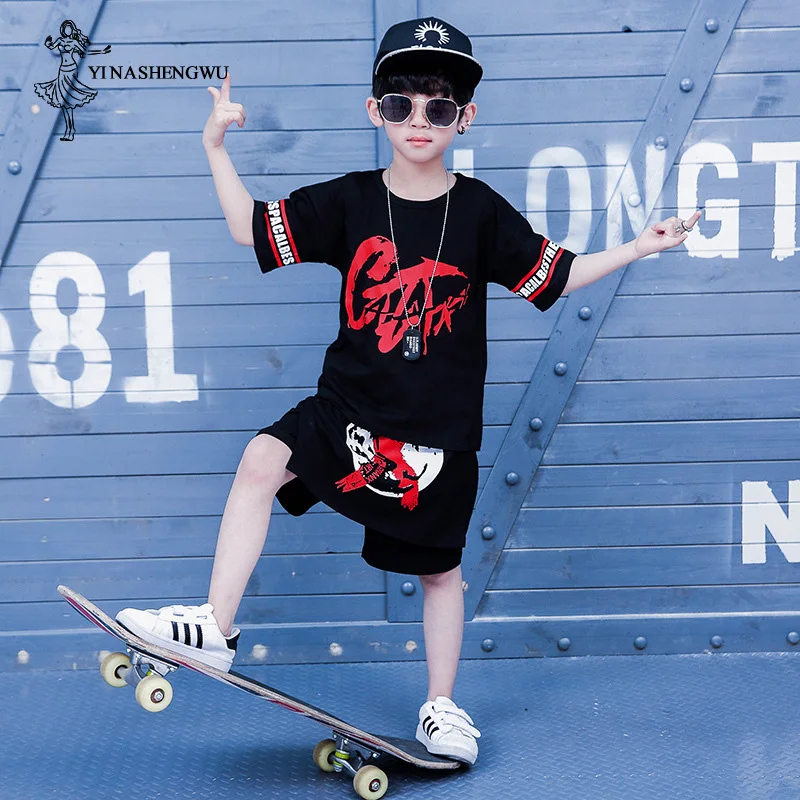 Trajes de baile de Jazz para niños, ropa de baile callejero deportiva de Hip Hop para niños grandes, trajes de manga corta para seis niños