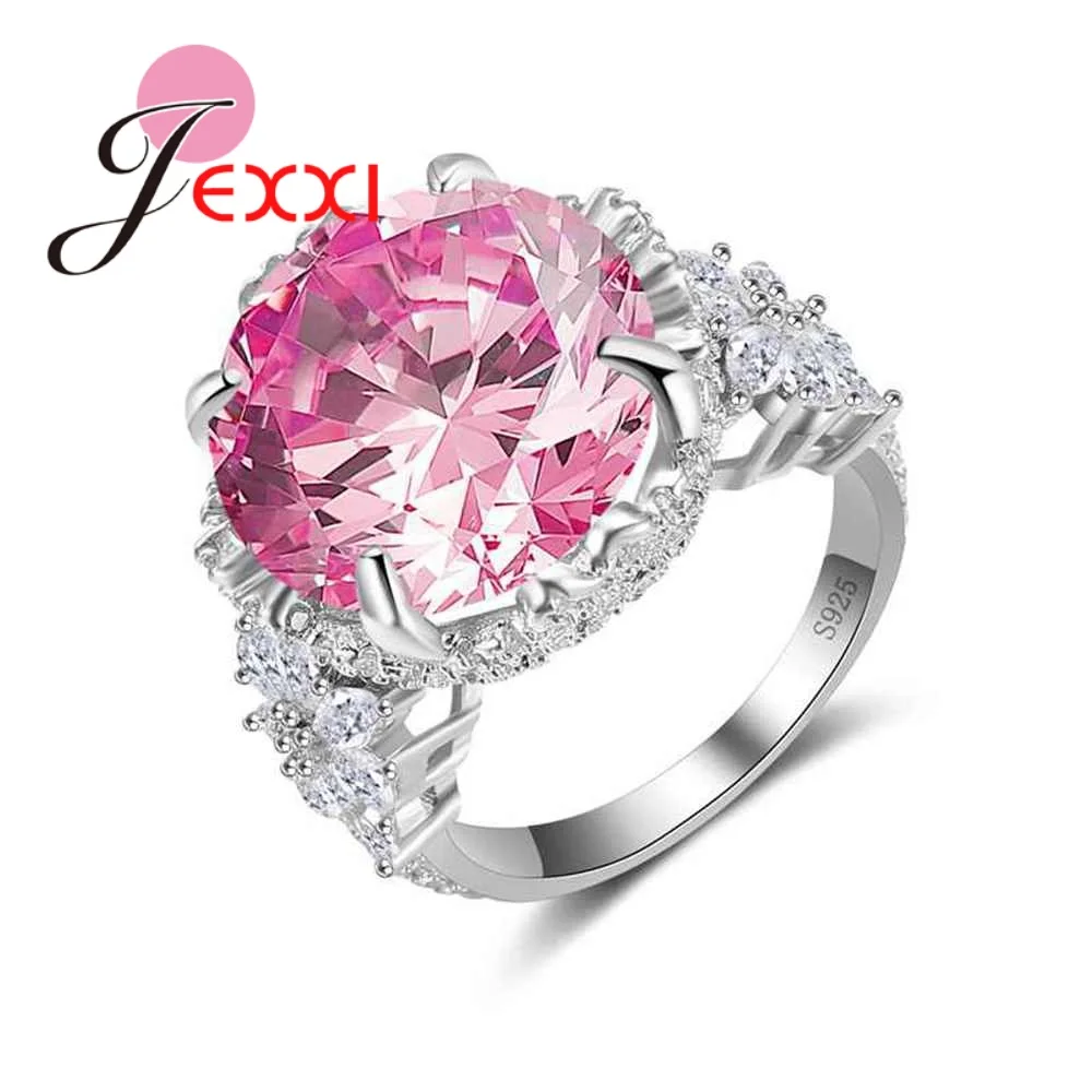 

Fashion 925 Sterling Silver Ring Round Classic Pink Stone Rings For Women Engagement Wedding Party Gift Fine Jewelry