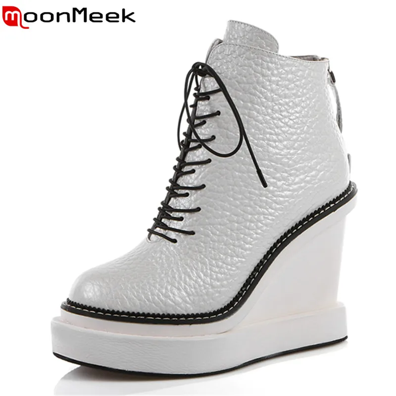 

MoonMeek sweet style solid lace up women ankle boots in genuine leather round toe party shoes with wedges high heels