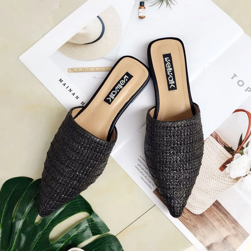 Wellwalk Breathable Mule Shoes Women Flat Slippers Unicorn Ladies Cane Weaving Sliders Female Summer Pointed Toe Slides Office