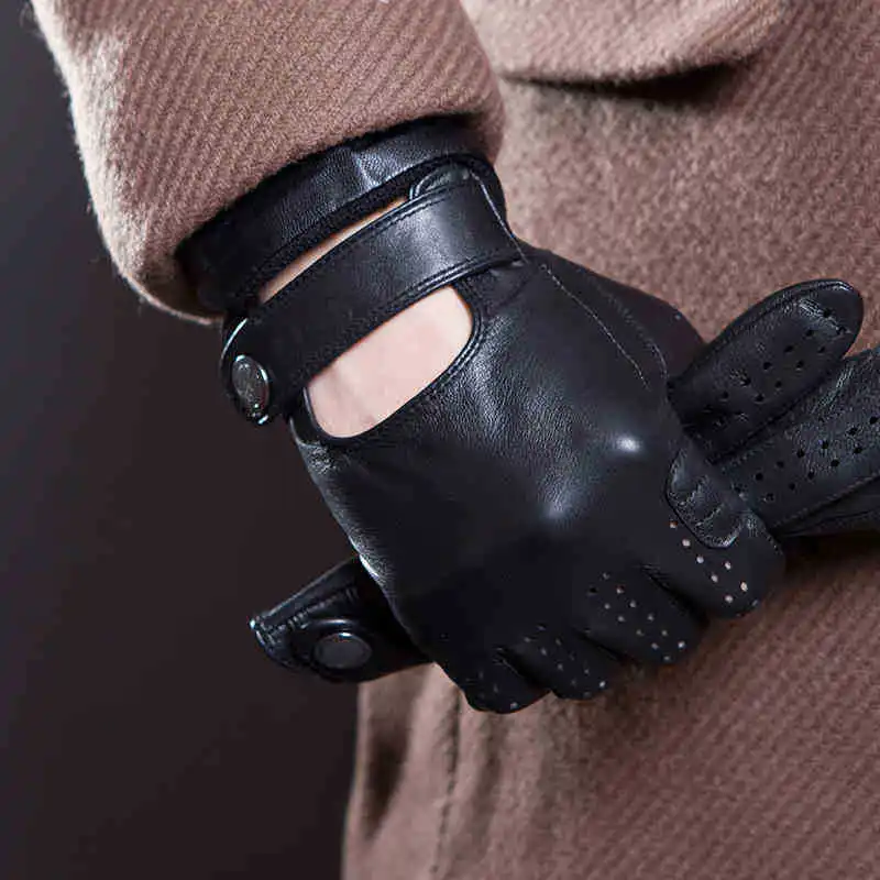 Men\'s Fashion Genuine Leather Breathable Hole Summer Sports Riding Moto Non-slip Gloves Sheepskin Touch Screen Driving Glove A63