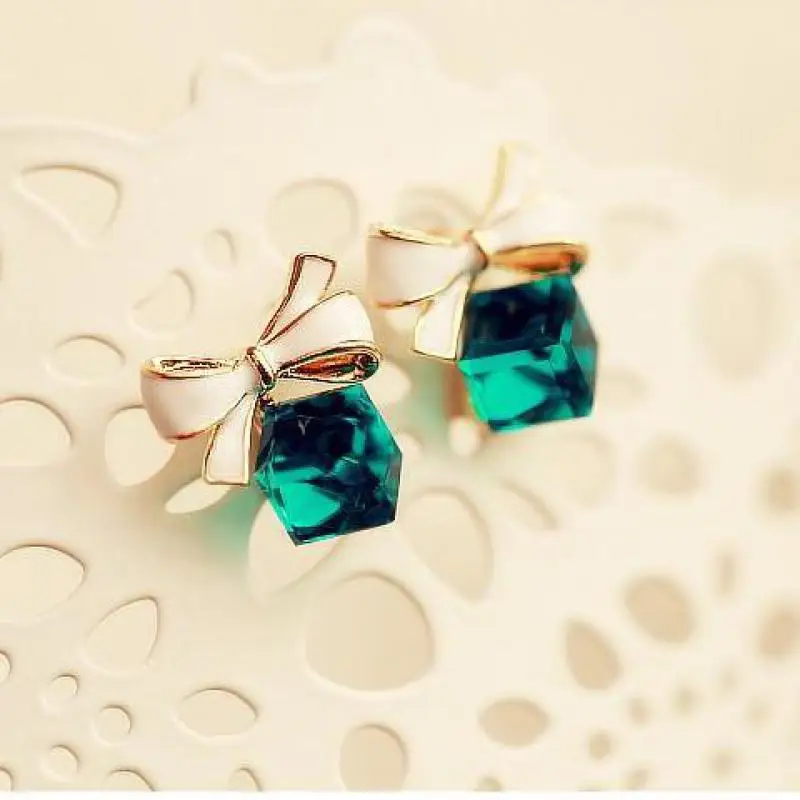 Fashion New Exquisite Crystal Blue Water Cube Box Cube Stone Bow Couple Earrings Jewelry Wholesale Earrings For Women Oorbellen