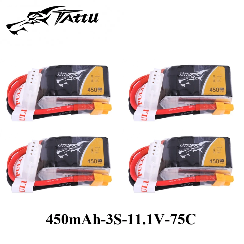 

4pcs TATTU Lipo Battery 11.1v 450mAh Lipo 3s 75C RC Battery with XT30 Plug Batteries 150 Size FPV Drone Quadcopter Helicopter