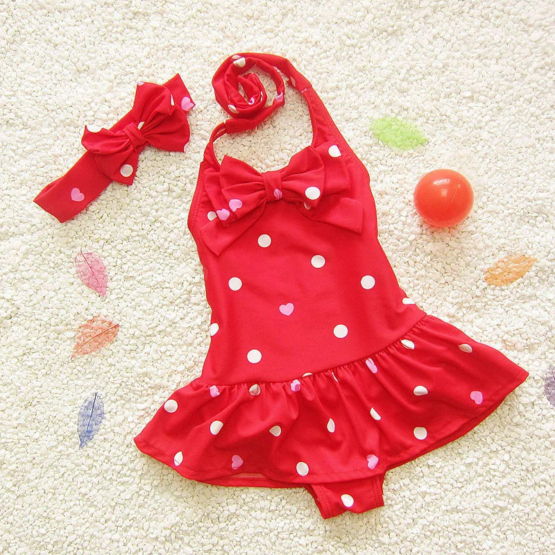 Baby Girls Swimwear Girls Beach Swimwear One Pieces Swimming Suit Baby Bodysuits + Bow Tie Headband Daughter Lovely Swim Clothes