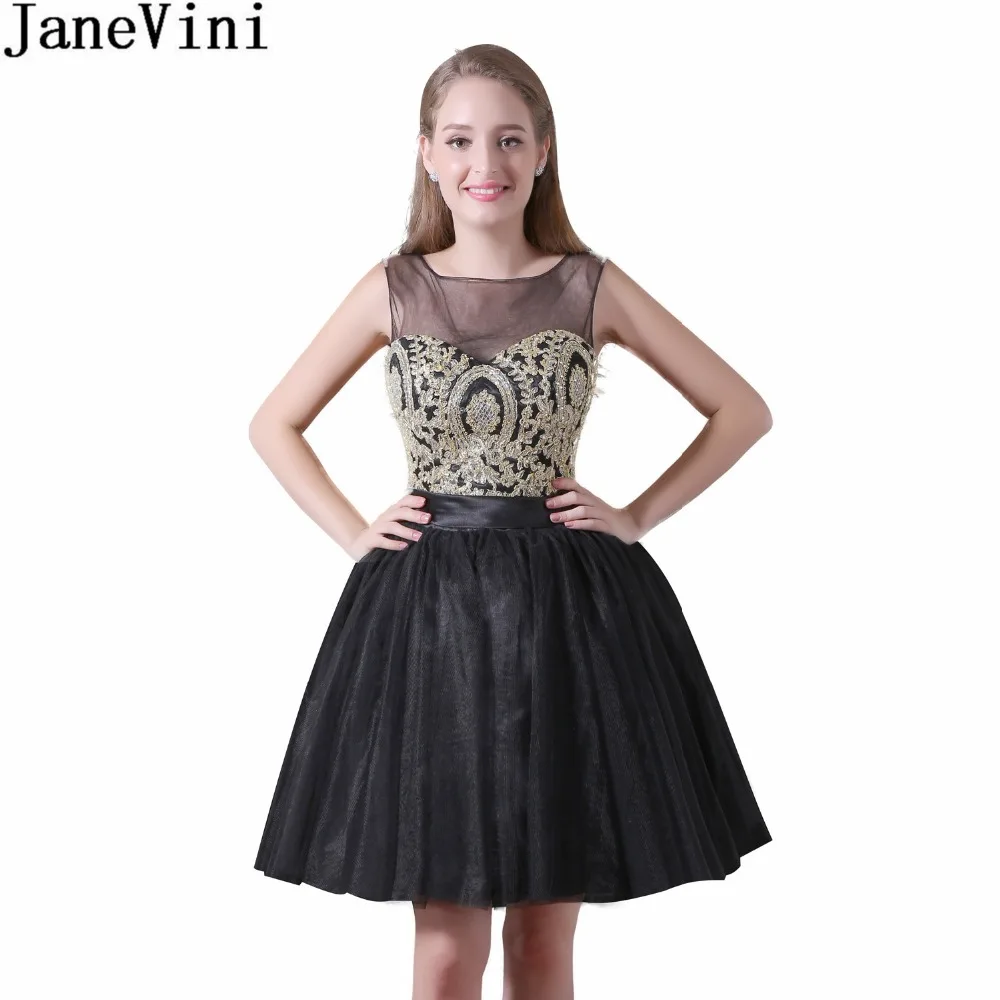 

JaneVini Black Beaded Short Prom Dress With Gold Lace Sheer Neck Sleeveless Bridesmaid Dress Short Wedding Guest Party Dress