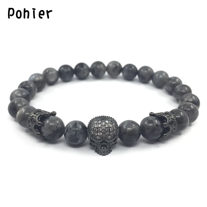 POHIER New Trendy Men DIY Bracelet Skull Gray Stone Beads With Crown Bracelet For Women Men Jewelry